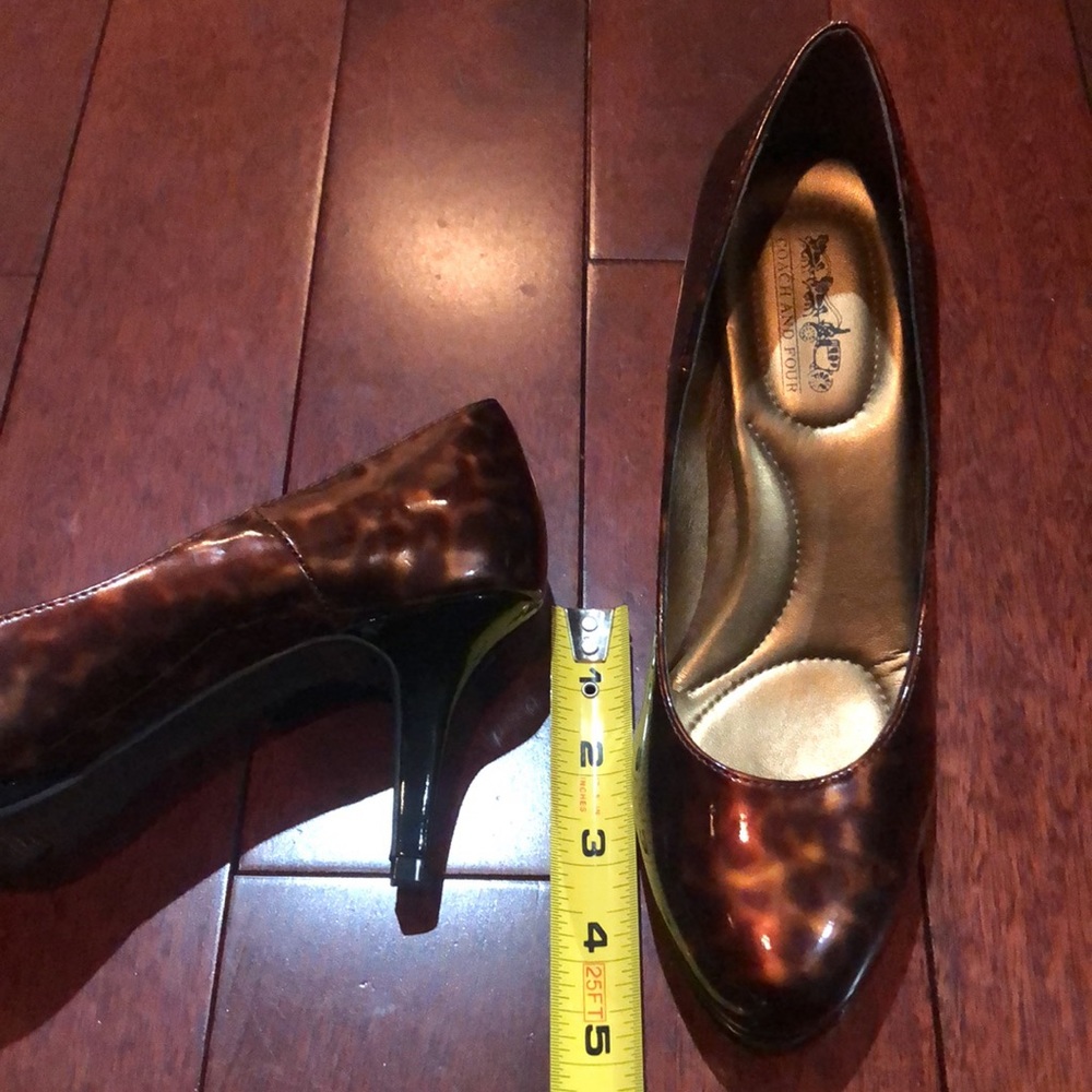 Coach and four NEW shiny patent leather leopard cheetah print heels brown gold - Picture 10 of 11